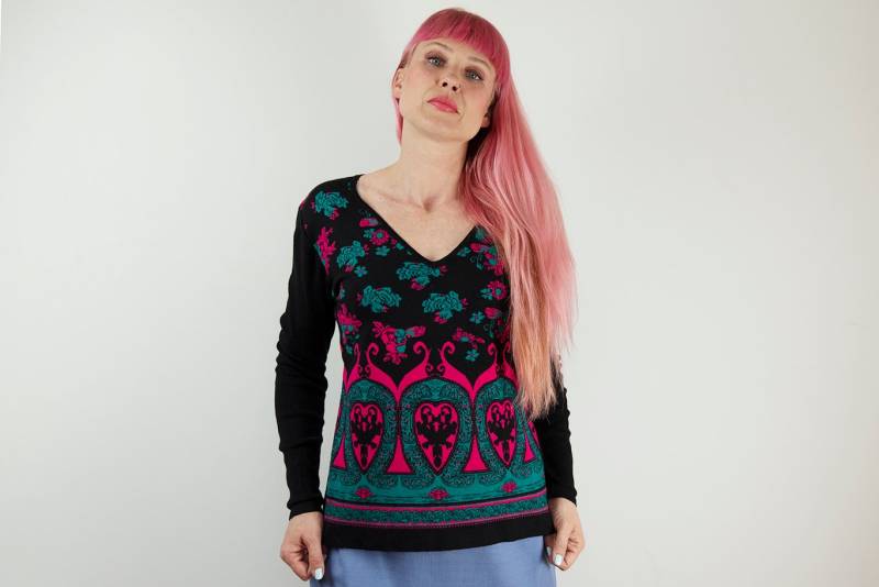 Vintage Schwarz Magenta Und Petrol Stretch Strick Pullover von BoBoVintage