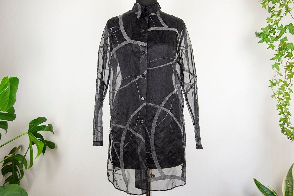 Vintage Schwarz Sheer Abstrakt Langarm Shirt Bluse von BoBoVintage