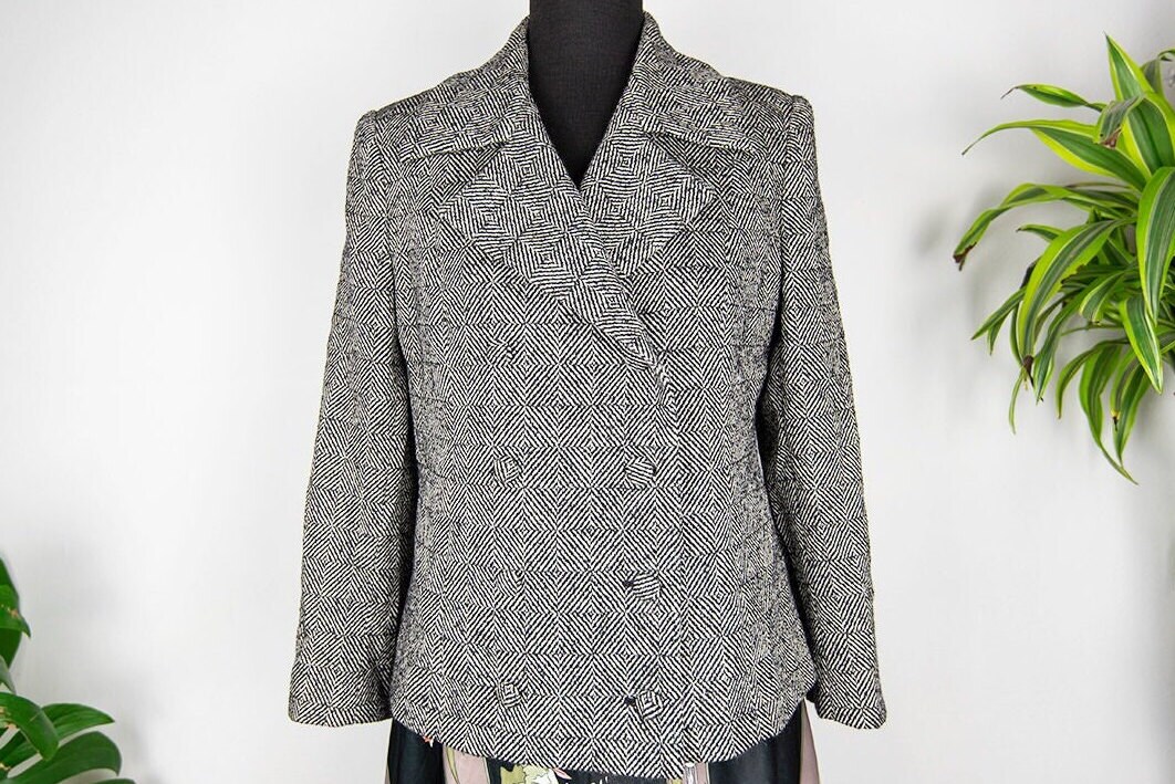 Vintage Schwarz-Weiß Zweireiher Blazer Jacke von BoBoVintage