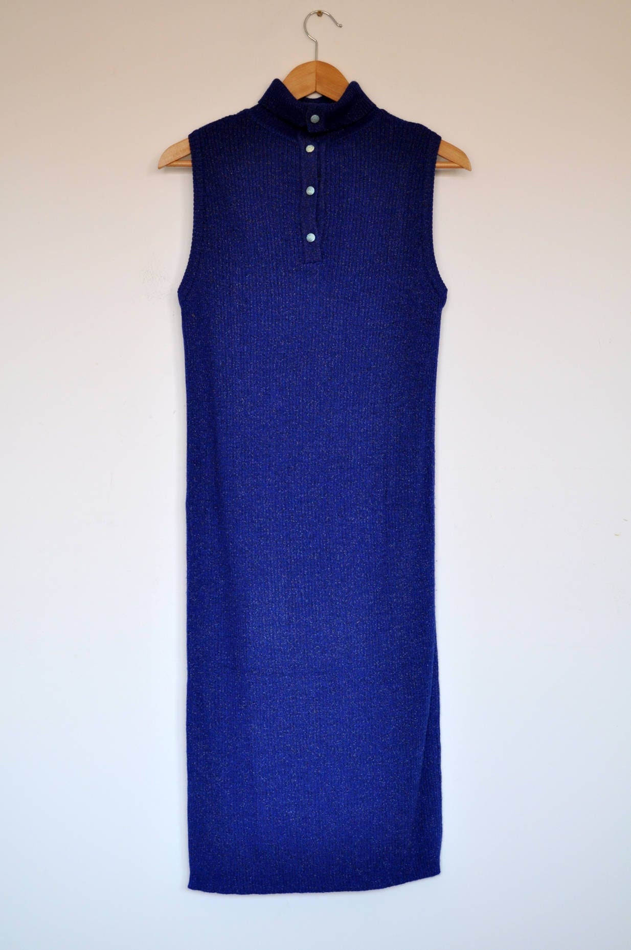 Vintage Sparkly Royal Blau Dehnbar Gerippte Stricken Ärmellose Maxi-Kleid von BoBoVintage