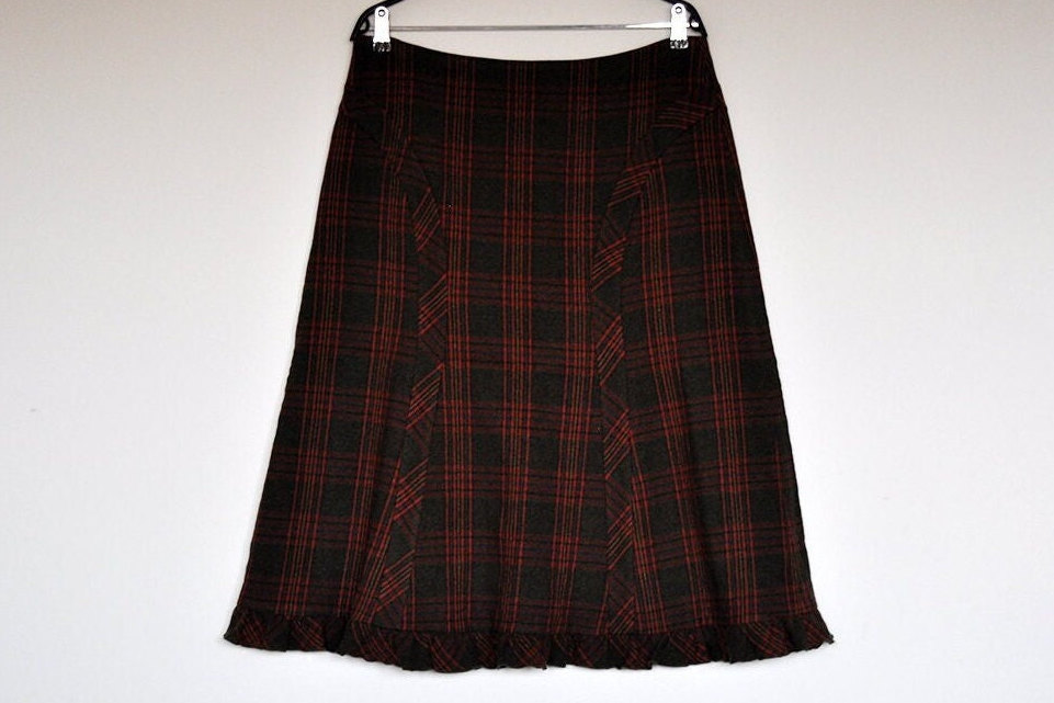 Vintage Tartan Karierter Woll Rüschensaum Midi Rock von BoBoVintage