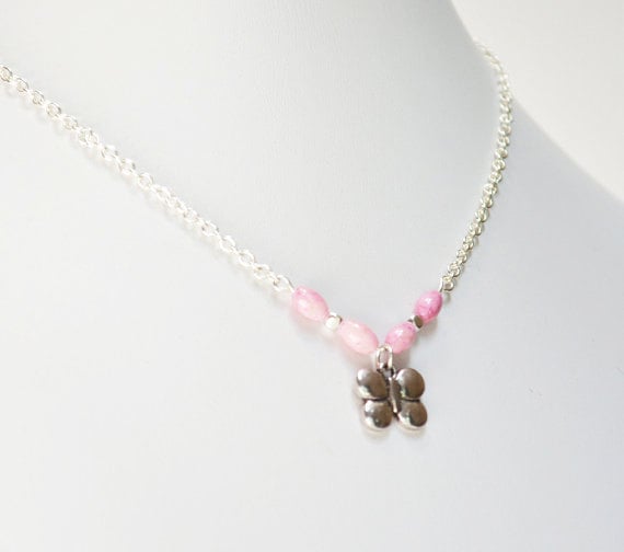 Little Girls Necklace Gemstone Petal Pink Jewelry Delicate Butterfly Charm Gift von BoCadeJewelry