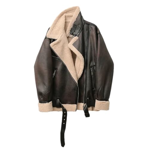 BoShiNuo Damen Herbst Und Winter Verdickter Warmer Gürtel Doppelseitige Lange Jacke Motorrad Top Herbst Winter Lederjacke brown L von BoShiNuo
