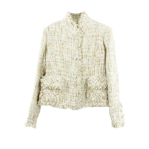 BoShiNuo Damen-Tweed-Jacke Frühling/Herbst/Winter Damenjacke Mantel klassische Damen-Tweedjacke mit Flechtmuster Khaki S von BoShiNuo