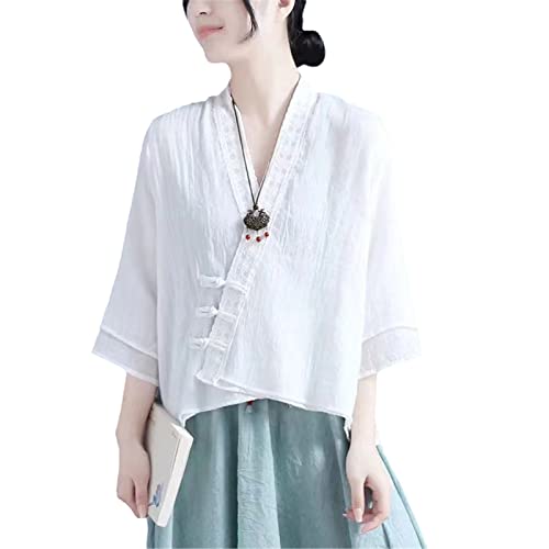 BoShiNuo Frauen Leinen Vintage Sommer Frau Blusen Kleidung chinesische traditionelle Kleidung für Top weibliche Chinoiserie Tang-Anzug-H-802-L von BoShiNuo