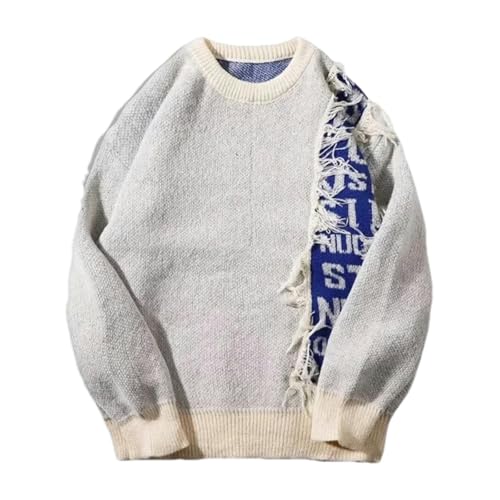 BoShiNuo Gestrickter Pullover-Pullover für Männer lässiger Fransen-Farbblock-Jacquard-Buchstaben-Design-Studentenpullover HH-6819 S von BoShiNuo