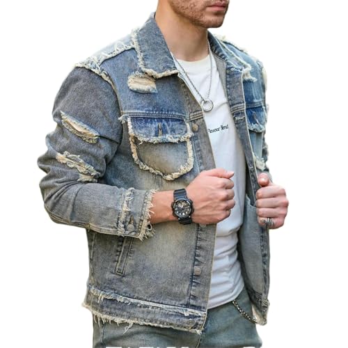 BoShiNuo Herren-Jeansjacke im Herbst-Streetwear-Stil in Volltonfarbe zerrissen schmale Jeansjacke mit Löchern lässiger Mantel 7712 L von BoShiNuo