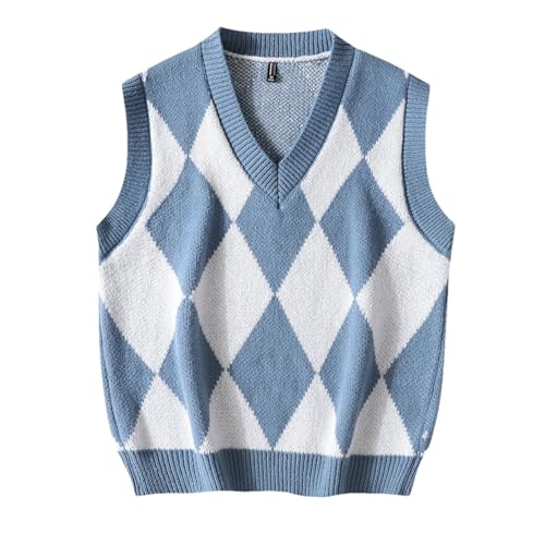 BoShiNuo Herren-Pullover mit Karomuster V-Ausschnitt ärmellose Pulloverweste Campus-Pullover Klassische Passform Tanktops Blue3 S von BoShiNuo