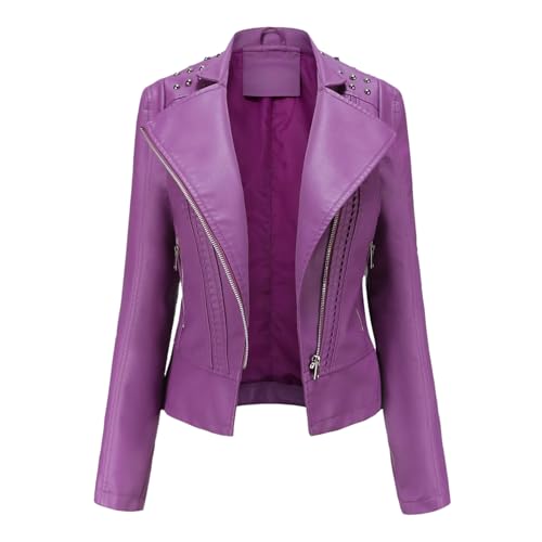 BoShiNuo Kunstlederjacke Damen Nieten Motorradjacke Frühling Moto Biker Reißverschlussjacke Herbst Oberbekleidung Schwarz Braun Lavender XXS von BoShiNuo