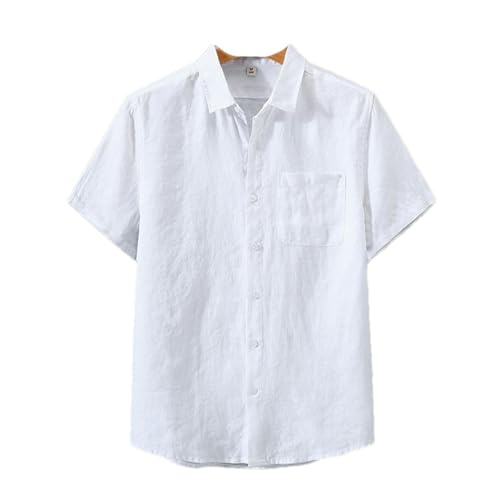 Männer Revers Leinenhemd Kurzarm Sommer Chinesisch Retro Casual Basic Dünnes Atmungsaktives Hemd White XL von BoShiNuo