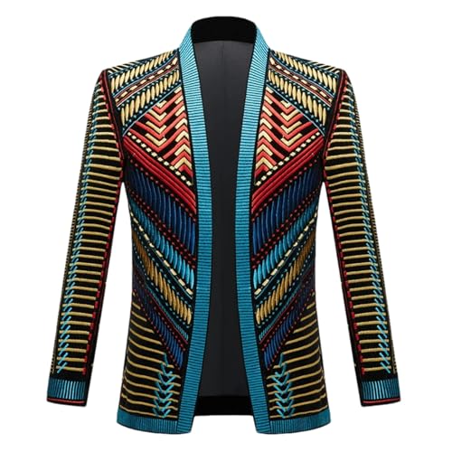 BoShiNuo Vintage Stickerei Anzug Jacke Blazer Männer Samt Jacke Ethno Stil Gestreiften Sänger Bühne Kostüm Casual Mantel Blue L von BoShiNuo