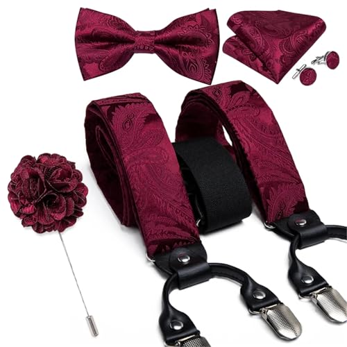 BoShiNuo Weiße Hosenträger aus Seide für Herren verstellbar mit 6 Clips Hosenträger Leder Metall vorgebundene Fliege Brosche Einstecktuch-Set BD-4021-0140 von BoShiNuo
