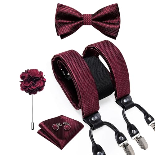 BoShiNuo Weiße Hosenträger aus Seide für Herren verstellbar mit 6 Clips Hosenträger Leder Metall vorgebundene Fliege Brosche Einstecktuch-Set BD-4034-0189 von BoShiNuo