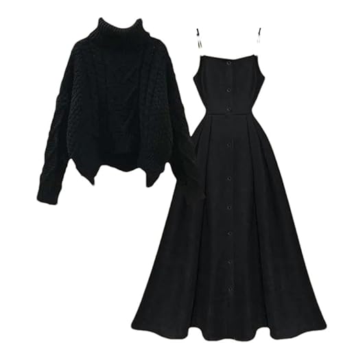 Frauen Herbst Winter Set Koreanische Elegante Vintage High Neck Gestrickte Pullover A-Linie Träger Kleid Zwei Stück Anzug Black Set S von BoShiNuo