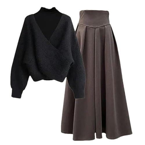 Herbst-Winter-3-teiliges Set für Damen, Elegantes Rollkragenpullover, Basic-Hemden + Kreuzstrickpullover + Langer Rock-Sets Set_h S von BoShiNuo
