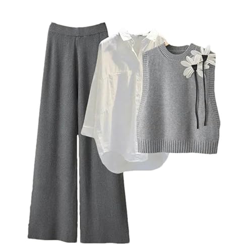 Herbst Winter Gestrickte 3 Stück Set Büro Damen Elegante Gestrickte Weste + weiße Shirts + breite Bein Hosen Sets für Frauen Three Piece Set L von BoShiNuo