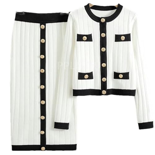 Koreanische Vintage Stricken Röcke Sets Frauen Dünne Oansatz Kurze Pullover Strickjacke 2 Stück Anzüge Taste Strickwaren Röcke Set White M von BoShiNuo