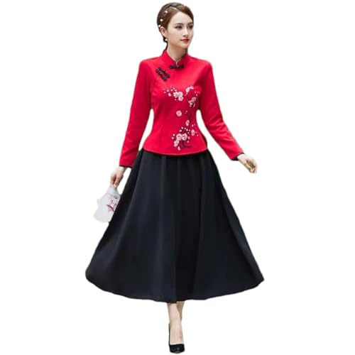Traditionelles chinesisches Cheongsam-Hemd Retro-Stil solide Damen-Tang-Anzug lässige Mandarin-Kragen-Bluse Qipao-Oberteil red Set 1 XS von BoShiNuo