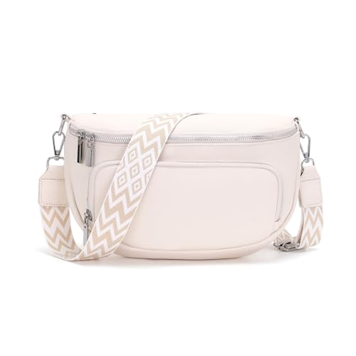 Boadlol Große Bauchtasche Damen umhängetasche Crossbody bag Schultertasche Brusttasche Leicht mit Mehrere Fächer Verstellbar für Alltag & Reisen Beige weiß von Boadlol