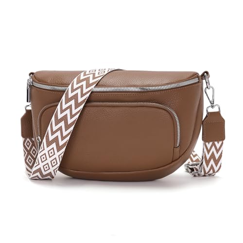 Boadlol Große Bauchtasche Damen umhängetasche Crossbody bag Schultertasche Brusttasche Leicht mit Mehrere Fächer Verstellbar für Alltag & Reisen Hellbraun von Boadlol