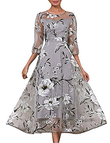 Boan Damen Elegant Midi Kleid Plissee groß aus Satin Organza bedruckt Blumen halbe Ärmel für Abend, Party, Alltag, Kleid große Größe Gr. 44, grau von Boan