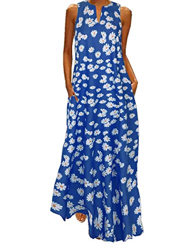 Boan Damen Maxi-Kleid, Tunika, Kleid, breit, bequem, Bauchschutz, ohne Ärmel, bedruckt, Gänseblümchen, für Alltag, Strand, Urlaub Gr. 50, blau von Boan