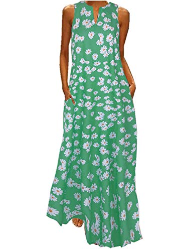 Boan Damen Maxi-Kleid, Tunika, Kleid, breit, bequem, Bauchschutz, ohne Ärmel, bedruckt, Gänseblümchen, für Alltag, Strand, Urlaub Gr. 50, grün von Boan