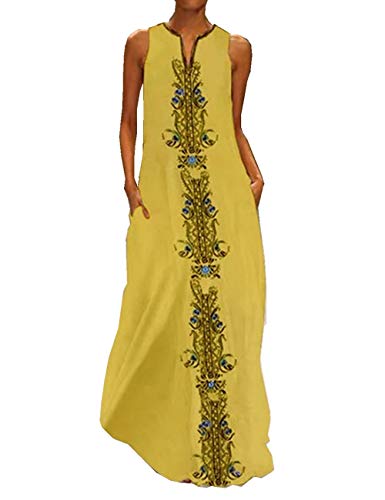 Boan Damen Maxi-Kleid, lang, Tunika, Kleid, Bohemian, bedruckt, Blumen, V-Ärmel, lässig, bequem, für Sommer Strand Urlaub Gr. 44, gelb von Boan