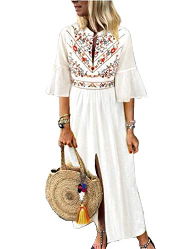 Boan Damen Maxi Kleid Tunika Kleid Bohemian-Stil bedruckt Blumen Halbe Ärmel Split Lange Größe Plus für Leben Strand Urlaub Gr. 38, weiß von Boan