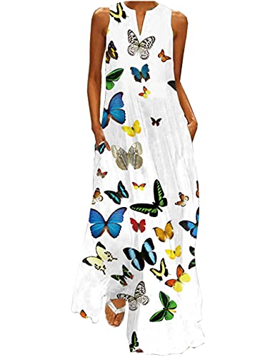 Boan Damen Maxi Kleid lang Tunika Kleid Bohemian bedruckt Schmetterling V-Ausschnitt ohne Ärmel lose bequem für Sommer Strandkleid Größe Plus, 3 weiße Schmetterlinge, XXXXXL von Boan