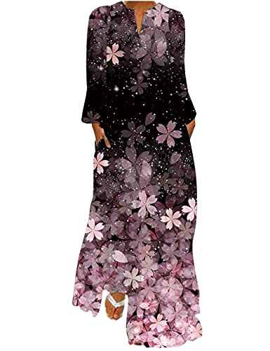 Boan Damen Maxi Kleid lang Tunika Kleid Casual Bohemian bedruckt Blumen Langarm für Sommer Herbst Strandkleid, 7 violette Blüten, Medium Boan Damen Maxi Kleid lang Tunika Kleid Casual Bohemian bedruckt Blumen Langarm für Sommer Herbst Strandkleid, 7 violette Blüten, Medium von Boan