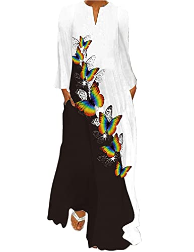 Boan Damen Maxi Kleid lang Tunika Kleid Casual Bohemian bedruckt Blumen Langarm für Sommer Herbst Strandkleid, Bunte Schmetterlinge, Medium von Boan