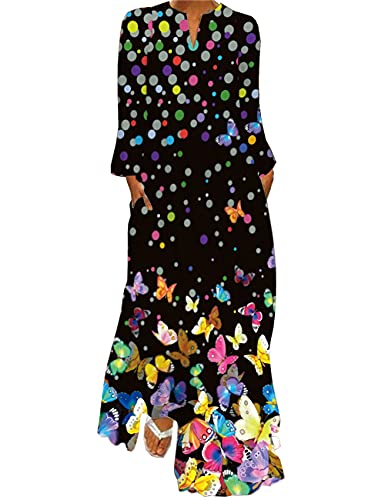 Boan Damen Maxi Kleid lang Tunika Kleid Casual Bohemian bedruckt Blumen Langarm für Sommer Herbst Strandkleid, Punkte und Schmetterlinge, Large von Boan