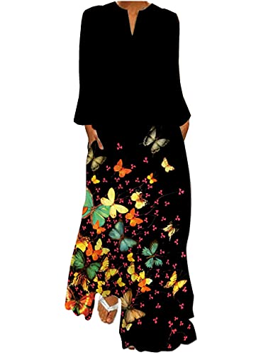 Boan Damen Maxi Kleid lang Tunika Kleid Casual Bohemian bedruckt Blumen Langarm für Sommer Herbst Strandkleid, Schmetterlinge, XXXXXL Boan Damen Maxi Kleid lang Tunika Kleid Casual Bohemian bedruckt Blumen Langarm für Sommer Herbst Strandkleid, Schmetterlinge, XXXXXL von Boan