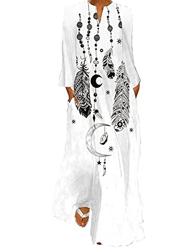 Boan Damen Maxi Kleid lang Tunika Kleid Casual Bohemian bedruckt Blumen Langarm für Sommer Herbst Strandkleid, Weiße und schwarze Federn, XXXXL von Boan