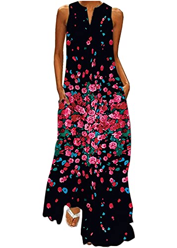 Boan Damen Maxikleid, lang, Tunika, Bohemiankleid, Blumenmuster, V-Ausschnitt, ärmellos, bequem, für Sommer, Strandkleid, Größe Plus, 8 Rosen, XXXXXL von Boan