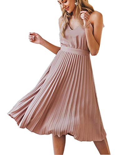 Boan Damen Midi-Kleid, lang, Plissee, V-Ausschnitt, rückenfrei, ärmellos, für Alltag, Stadt, Strand, Urlaub Gr. 36, Rosa von Boan