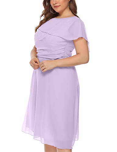 Boan Damen Midi Kleid Plissee Rundhals Rüschen Chiffon Satin Kleid Trapezkleid Plus für Stadt Abendveranstaltungen Sommer Gr. 42, violett von Boan