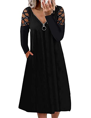 Boan Damenkleid, Casual, V-Ausschnitt, Reißverschluss, langärmlig, durchbrochen & Pailletten, hohe Taille, Übergröße, Schwarz , Medium von Boan