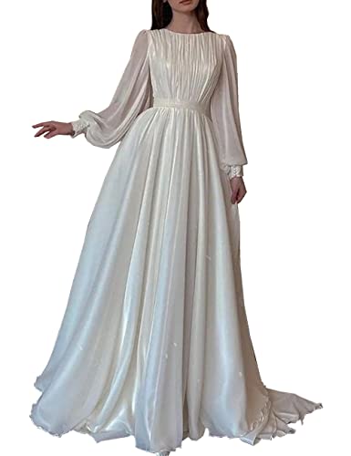 Boan Damenkleid, langes Abendkleid, Zeremonie, Hochzeit, Schleppenkleid, Rundhalsausschnitt, Langarm, hohe Taille, weiß, 36 von Boan