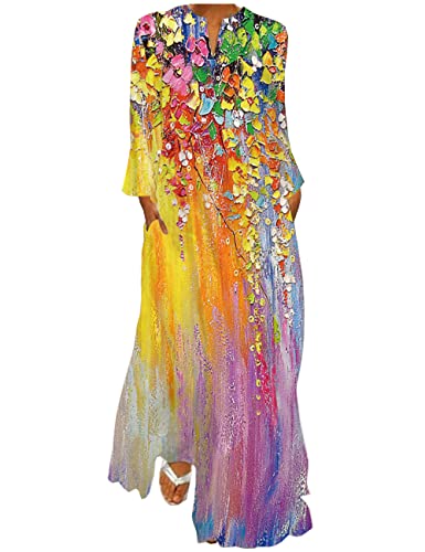 Boan Maxi-Kleid, lang, Tunika, Bohemian-Kleid, bedruckt, V-Ausschnitt, langärmlig, bequem, für Sommer, Strandkleid, Größe Plus, 1 bunte Blumen, Medium von Boan