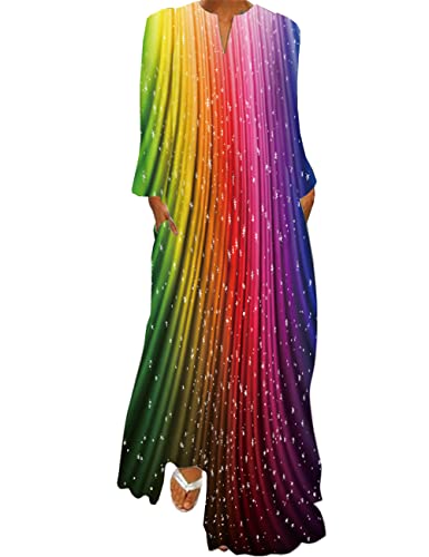 Boan Maxi-Kleid, lang, Tunika, Bohemian-Kleid, bedruckt, V-Ausschnitt, langärmlig, bequem, für Sommer, Strandkleid, Größe Plus, 2 Regenbogen, XXXL von Boan