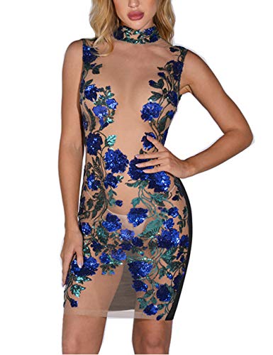 Damen-Kleid, figurbetont, aus transparentem Satin, bestickt, Blumen, Pailletten, ultra-sexy für Abend, Cocktail-Party, Bar, Nachtclub Gr. 34, blau von Boan