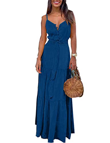 Damen Maxi-Kleid, lang, Tunika mit Knöpfen, V-Ausschnitt, mit Gürtel, Plissee-Kleid, locker, bequem, groß, für Strand, Urlaub, Stadt, Gr. 34, blau von Boan