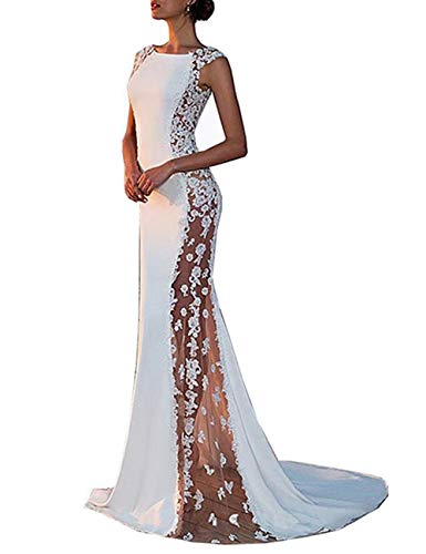 Damen Sexy Maxi-Kleid mit Schleppe, Seiten aus Spitze, Satin, transparent, floral, elegant, ohne Ärmel, für Abend, Zeremonie, Hochzeit, Ball, edles Kleid Gr. Small, weiß von Boan