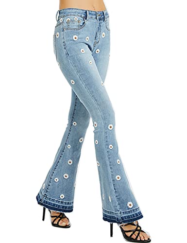 Damen Slim Jeans Jeans Jeans Denim Denim Normale Größe mit Blumen bestickt Gänseblümchen groß, blau, 36 von Boan