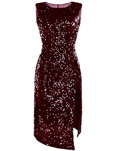 Midi Kleid mit Pailletten, Spaltsäule, Rundhalsausschnitt, ohne Ärmel, elegant, sexy für Abendveranstaltungen Gr. 38, bordeaux von Boan