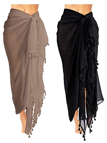 2 Stück Damen Strand Batik Sarong Badeanzug mit Quaste (Schwarz, Khaki, L) von Boao