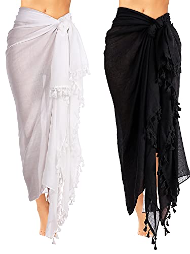 2 Stück Damen Strand Batik Sarong Badeanzug mit Quaste (Schwarz, Weiß, L) von Boao