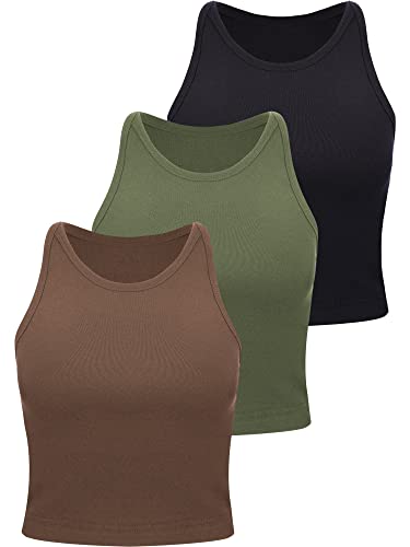 3 Stück Damen Baumwolle Basic Ärmellos Racerback Crop Tank Top Sport Crop Top für Damen Mädchen Tägliches Tragen, Schwarz, Dunkelgrün, Schokolade, Klein von Boao